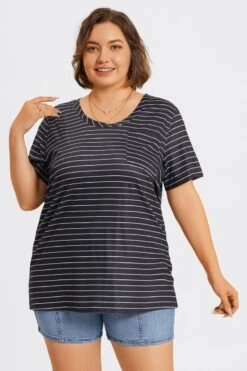 V-Neck Stripe Short Sleeve Pocket Front Top -Meetcurve Shop c topbc025001 3