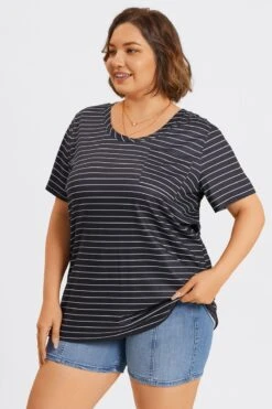 V-Neck Stripe Short Sleeve Pocket Front Top -Meetcurve Shop c topbc025001 4