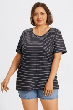 V-Neck Stripe Short Sleeve Pocket Front Top -Meetcurve Shop c topbc025001 5