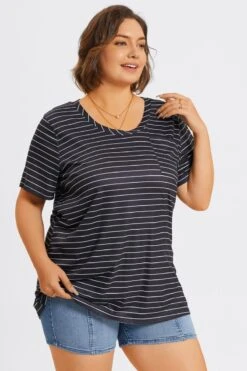 V-Neck Stripe Short Sleeve Pocket Front Top -Meetcurve Shop c topbc025001 6