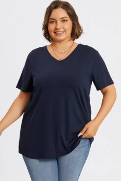 Plus Size Navy Blue V-Neck Loose Fit Basic Top -Meetcurve Shop c topbc025002 1
