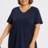 Plus Size Navy Blue V-Neck Loose Fit Basic Top