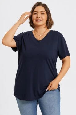 Plus Size Navy Blue V-Neck Loose Fit Basic Top -Meetcurve Shop c topbc025002 4
