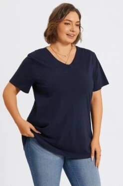 Plus Size Navy Blue V-Neck Loose Fit Basic Top -Meetcurve Shop c topbc025002 5