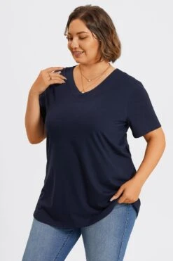 Plus Size Navy Blue V-Neck Loose Fit Basic Top -Meetcurve Shop c topbc025002 6
