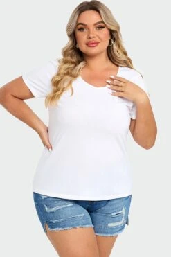 Plus Size White Short Sleeve Basic V-Neck Top 10 Plus Size White Short Sleeve Basic V-Neck Top -Meetcurve Shop c topbc025003 4