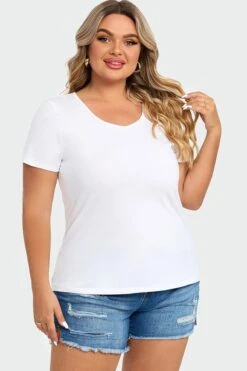 Plus Size White Short Sleeve Basic V-Neck Top 12 Plus Size White Short Sleeve Basic V-Neck Top -Meetcurve Shop c topbc025003 5