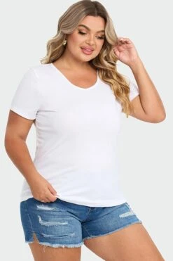 Plus Size White Short Sleeve Basic V-Neck Top 13 Plus Size White Short Sleeve Basic V-Neck Top -Meetcurve Shop c topbc025003 6