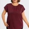 Plus Size Burgundy Round Neck Cap Sleeve Blouse -Meetcurve Shop c topbc026001 1