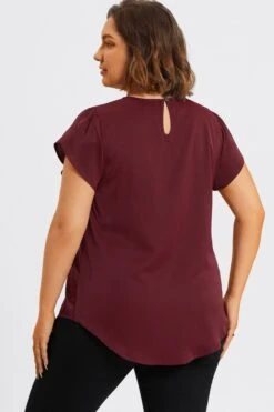 Plus Size Burgundy Round Neck Cap Sleeve Blouse -Meetcurve Shop c topbc026001 2