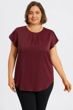 Plus Size Burgundy Round Neck Cap Sleeve Blouse -Meetcurve Shop c topbc026001 3