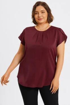 Plus Size Burgundy Round Neck Cap Sleeve Blouse -Meetcurve Shop c topbc026001 4