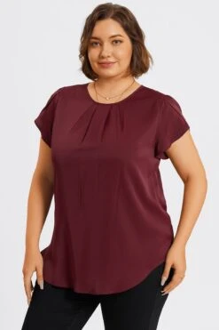 Plus Size Burgundy Round Neck Cap Sleeve Blouse -Meetcurve Shop c topbc026001 5