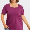 Plus Size Purple Square Neck Puff Sleeve Tops -Meetcurve Shop c topbc027001 1