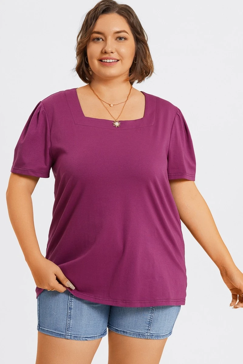 Plus Size Purple Square Neck Puff Sleeve Tops 3 Plus Size Purple Square Neck Puff Sleeve Tops