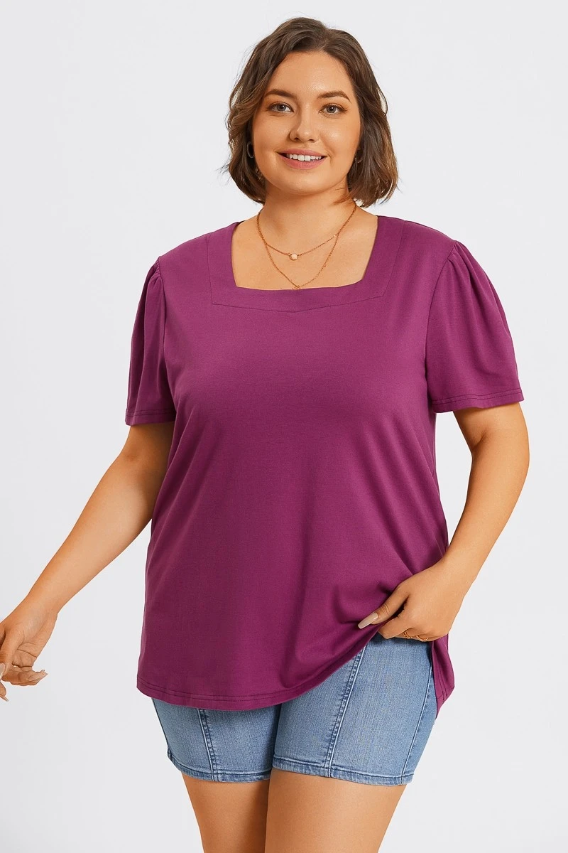 Plus Size Purple Square Neck Puff Sleeve Tops 5 Plus Size Purple Square Neck Puff Sleeve Tops - Image 3