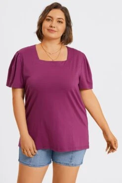 Plus Size Purple Square Neck Puff Sleeve Tops 11 Plus Size Purple Square Neck Puff Sleeve Tops -Meetcurve Shop c topbc027001 4