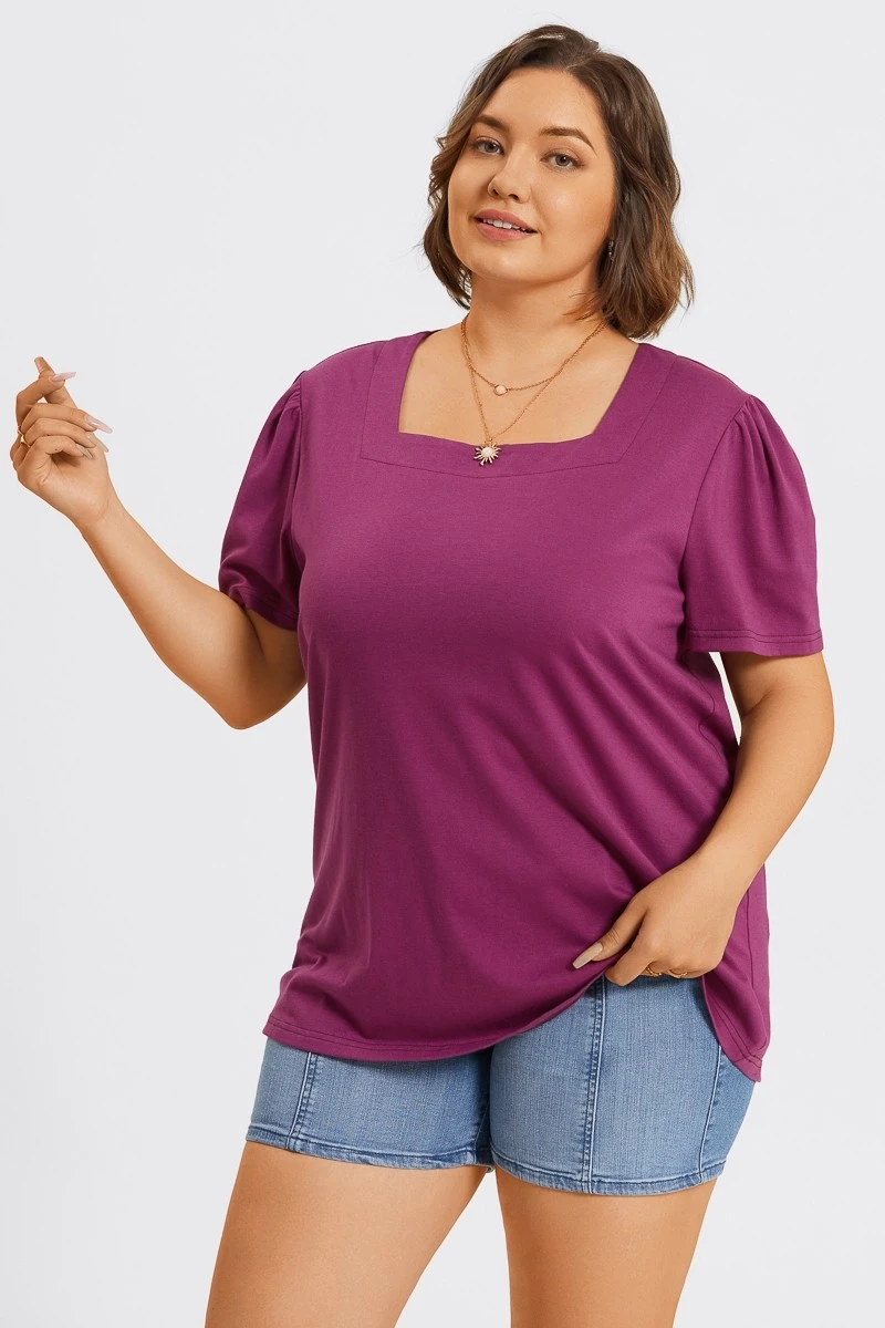 Plus Size Purple Square Neck Puff Sleeve Tops 8 Plus Size Purple Square Neck Puff Sleeve Tops - Image 6
