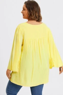 Plus Size Yellow Tie Neck Long Sleeve Blouse -Meetcurve Shop c topbc028001 2