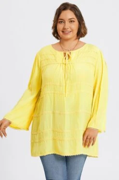 Plus Size Yellow Tie Neck Long Sleeve Blouse -Meetcurve Shop c topbc028001 4