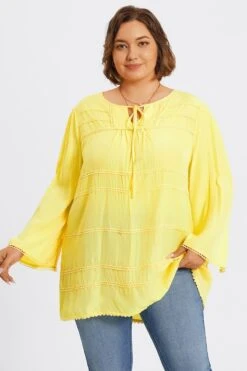 Plus Size Yellow Tie Neck Long Sleeve Blouse -Meetcurve Shop c topbc028001 5