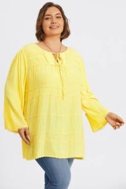 Plus Size Yellow Tie Neck Long Sleeve Blouse -Meetcurve Shop c topbc028001 6