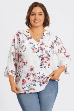 V-Neck Floral Print Pullover 3/4 Sleeve Blouse 10 V-Neck Floral Print Pullover 3/4 Sleeve Blouse -Meetcurve Shop c topbc029001 3