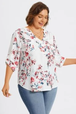 V-Neck Floral Print Pullover 3/4 Sleeve Blouse 11 V-Neck Floral Print Pullover 3/4 Sleeve Blouse -Meetcurve Shop c topbc029001 4