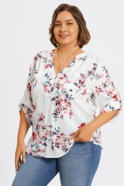 V-Neck Floral Print Pullover 3/4 Sleeve Blouse 12 V-Neck Floral Print Pullover 3/4 Sleeve Blouse -Meetcurve Shop c topbc029001 5