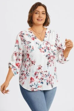 V-Neck Floral Print Pullover 3/4 Sleeve Blouse 13 V-Neck Floral Print Pullover 3/4 Sleeve Blouse -Meetcurve Shop c topbc029001 6