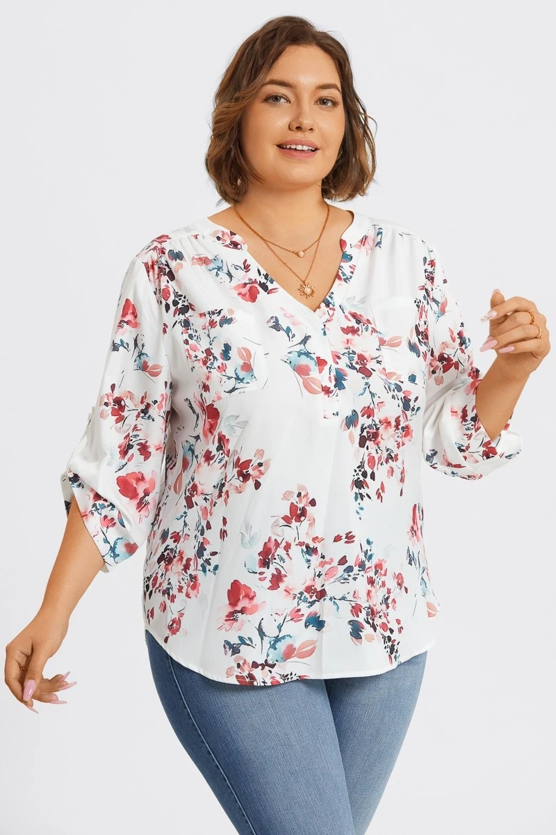 V-Neck Floral Print Pullover 3/4 Sleeve Blouse 8 V-Neck Floral Print Pullover 3/4 Sleeve Blouse - Image 6