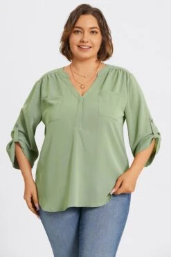 Grey Green V-Neck Pullover 3/4 Sleeve Blouse -Meetcurve Shop c topbc029002 3