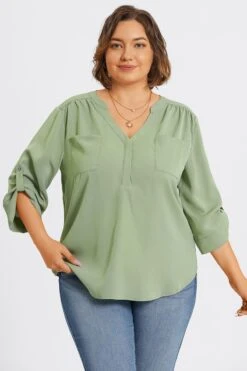 Grey Green V-Neck Pullover 3/4 Sleeve Blouse -Meetcurve Shop c topbc029002 4