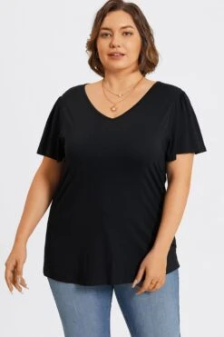 Plus Size Black V-Neck Flutter Sleeve Tee