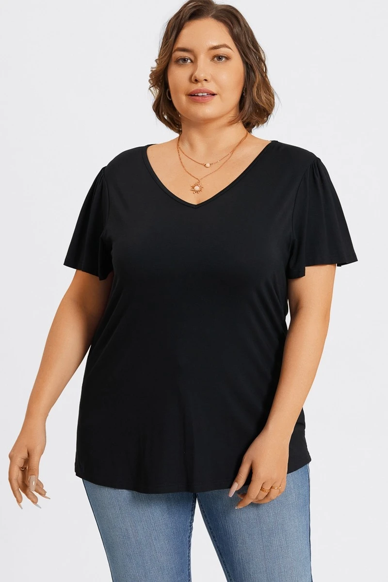 Plus Size Black V-Neck Flutter Sleeve Tee 3 Plus Size Black V-Neck Flutter Sleeve Tee