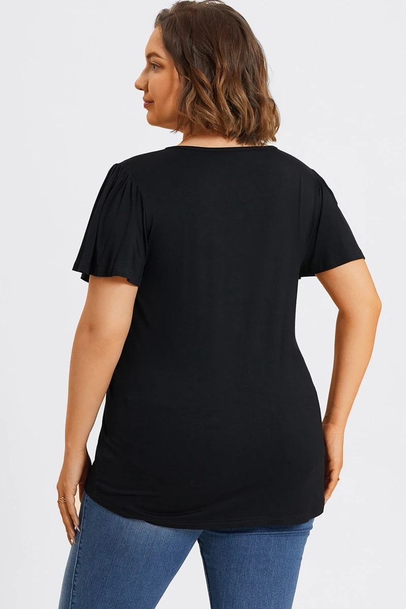 Plus Size Black V-Neck Flutter Sleeve Tee 4 Plus Size Black V-Neck Flutter Sleeve Tee - Image 2