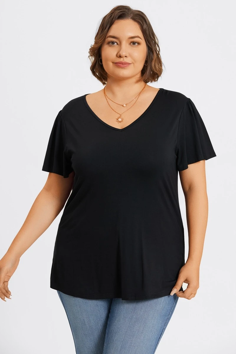 Plus Size Black V-Neck Flutter Sleeve Tee 5 Plus Size Black V-Neck Flutter Sleeve Tee - Image 3