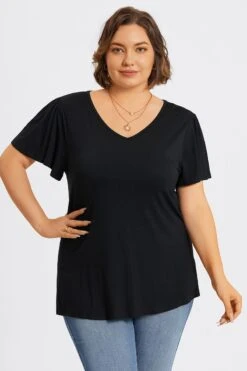 Plus Size Black V-Neck Flutter Sleeve Tee 11 Plus Size Black V-Neck Flutter Sleeve Tee -Meetcurve Shop c topbc031001 4