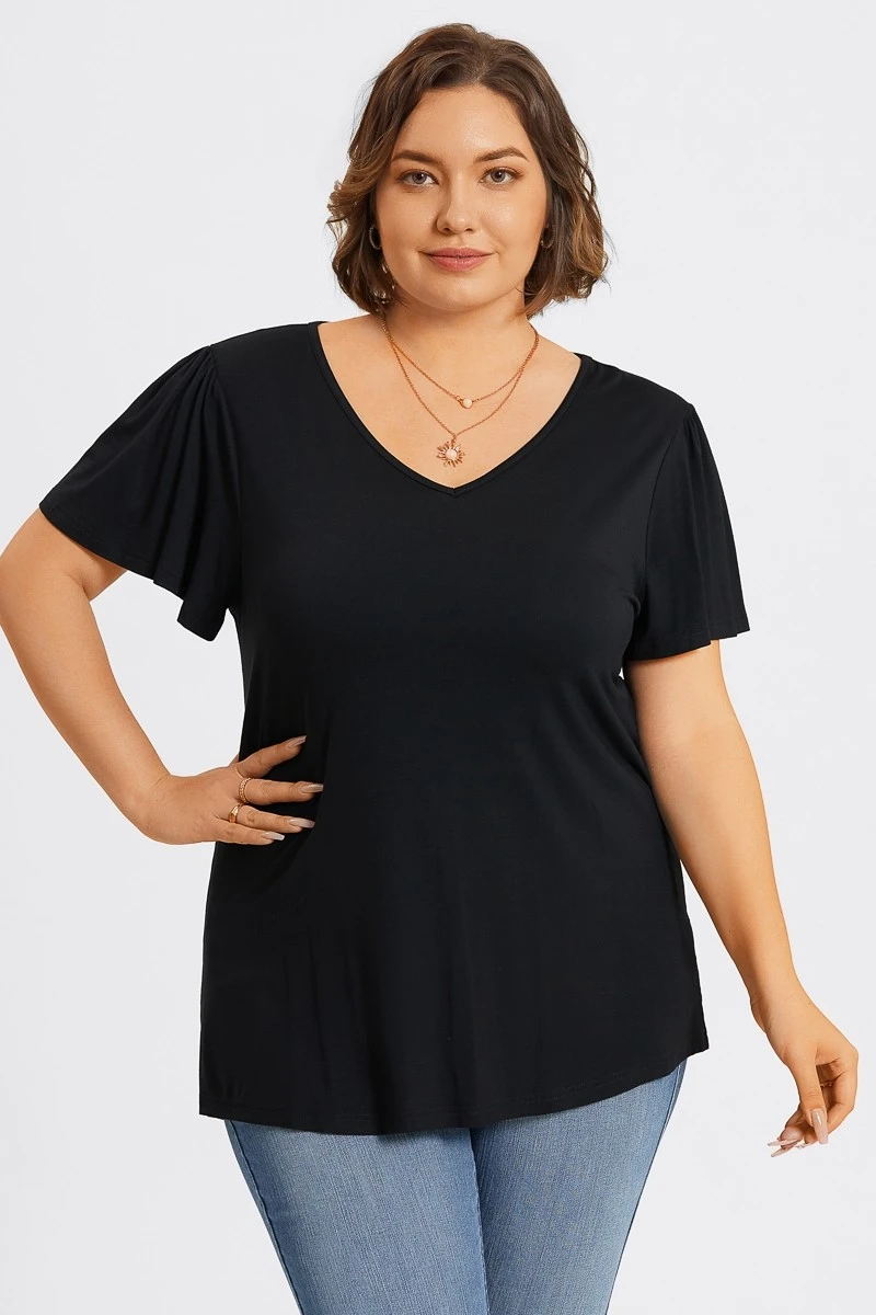 Plus Size Black V-Neck Flutter Sleeve Tee 6 Plus Size Black V-Neck Flutter Sleeve Tee - Image 4