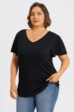 Plus Size Black V-Neck Flutter Sleeve Tee 12 Plus Size Black V-Neck Flutter Sleeve Tee -Meetcurve Shop c topbc031001 5
