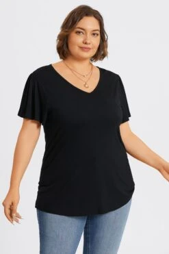 Plus Size Black V-Neck Flutter Sleeve Tee 13 Plus Size Black V-Neck Flutter Sleeve Tee -Meetcurve Shop c topbc031001 6