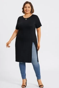 Black Crew Neck Split Front Long Tunic 11 Black Crew Neck Split Front Long Tunic -Meetcurve Shop c topbc032001 4