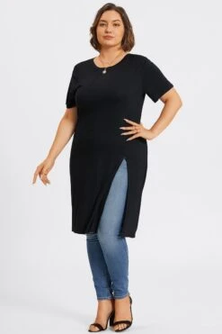 Black Crew Neck Split Front Long Tunic 12 Black Crew Neck Split Front Long Tunic -Meetcurve Shop c topbc032001 5