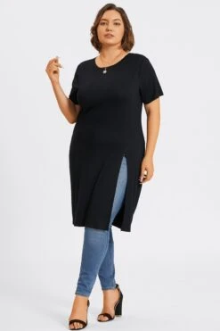 Black Crew Neck Split Front Long Tunic 13 Black Crew Neck Split Front Long Tunic -Meetcurve Shop c topbc032001 6