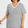 Stripe V-Neck Half Sleeve Side Slit Long Tee -Meetcurve Shop c topbc033001 1