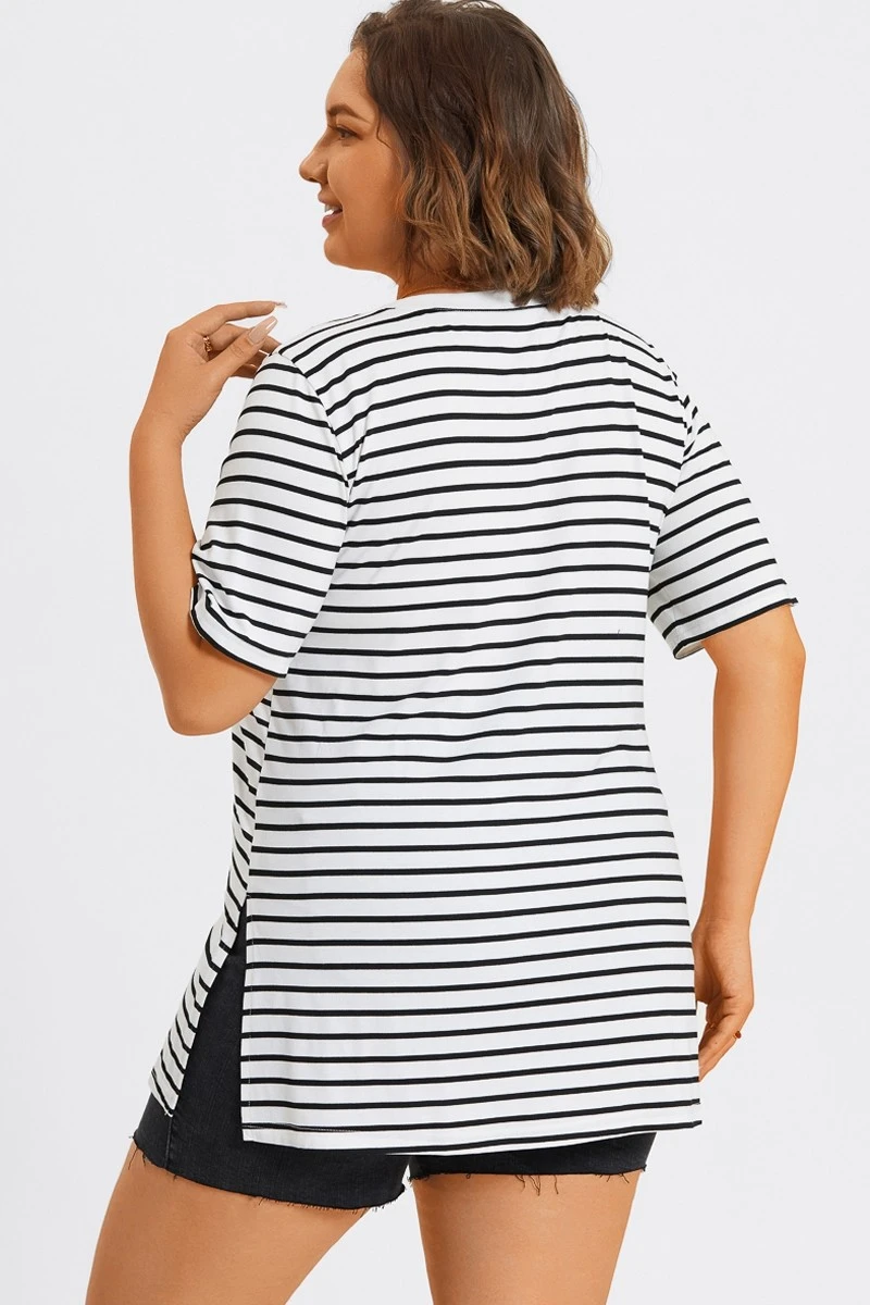 Stripe V-Neck Half Sleeve Side Slit Long Tee 4 Stripe V-Neck Half Sleeve Side Slit Long Tee - Image 2