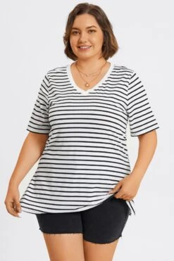 Stripe V-Neck Half Sleeve Side Slit Long Tee 11 Stripe V-Neck Half Sleeve Side Slit Long Tee -Meetcurve Shop c topbc033001 4