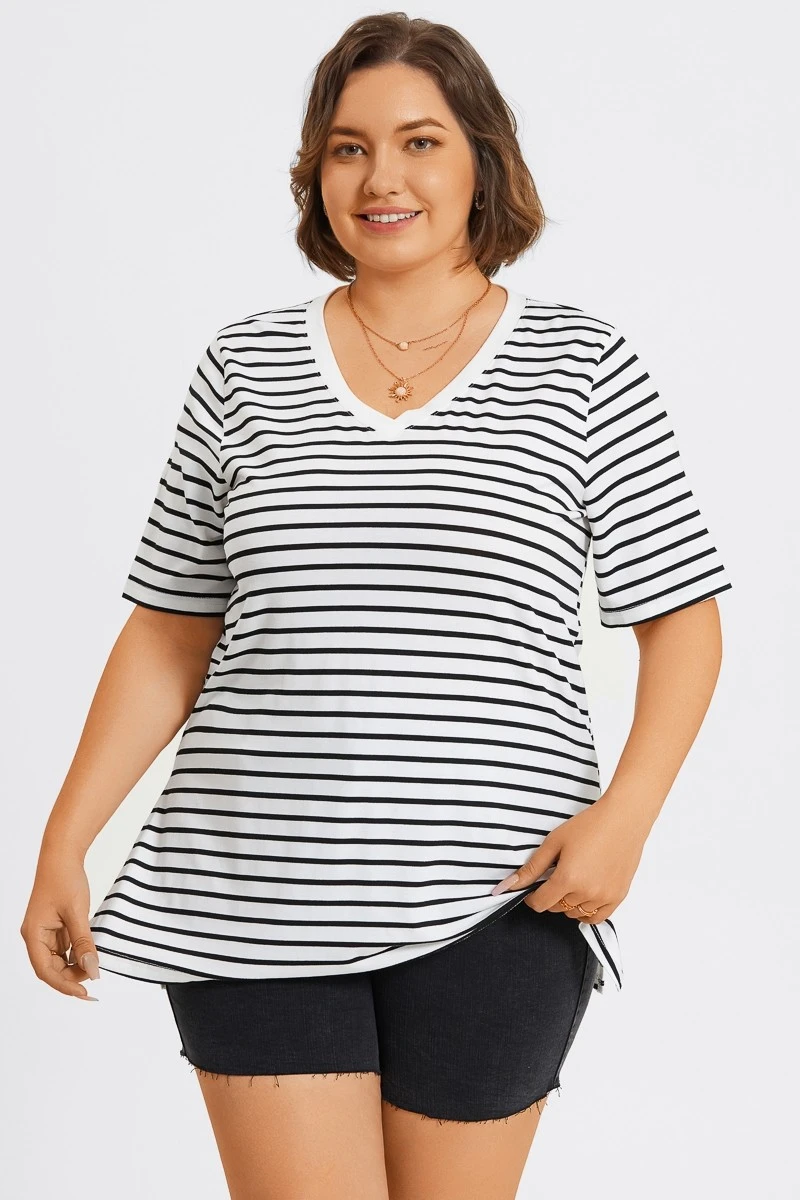 Stripe V-Neck Half Sleeve Side Slit Long Tee 6 Stripe V-Neck Half Sleeve Side Slit Long Tee - Image 4