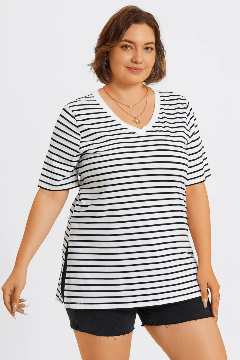 Stripe V-Neck Half Sleeve Side Slit Long Tee 8 Stripe V-Neck Half Sleeve Side Slit Long Tee - Image 6
