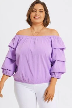 Lavender Off Shoulder Elastic Long Sleeves Top